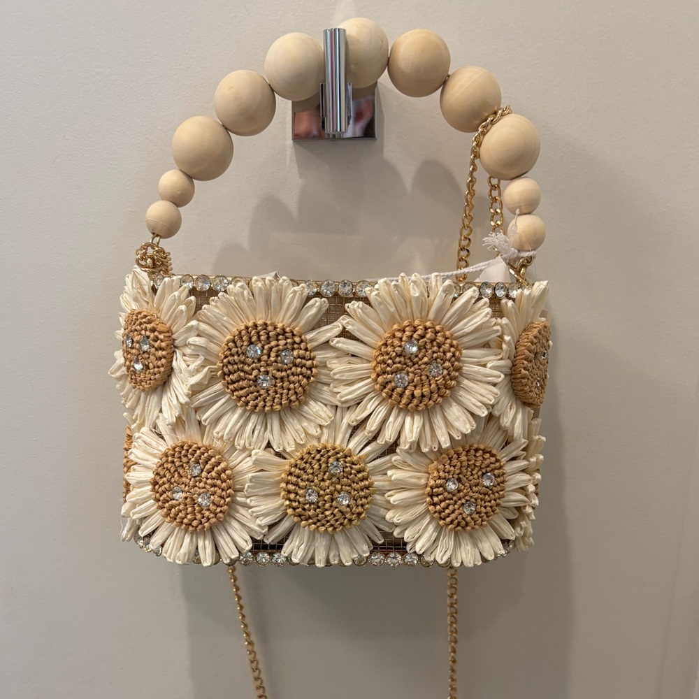 NWT Haute Hippie Floral and wood beaded handle Handbag